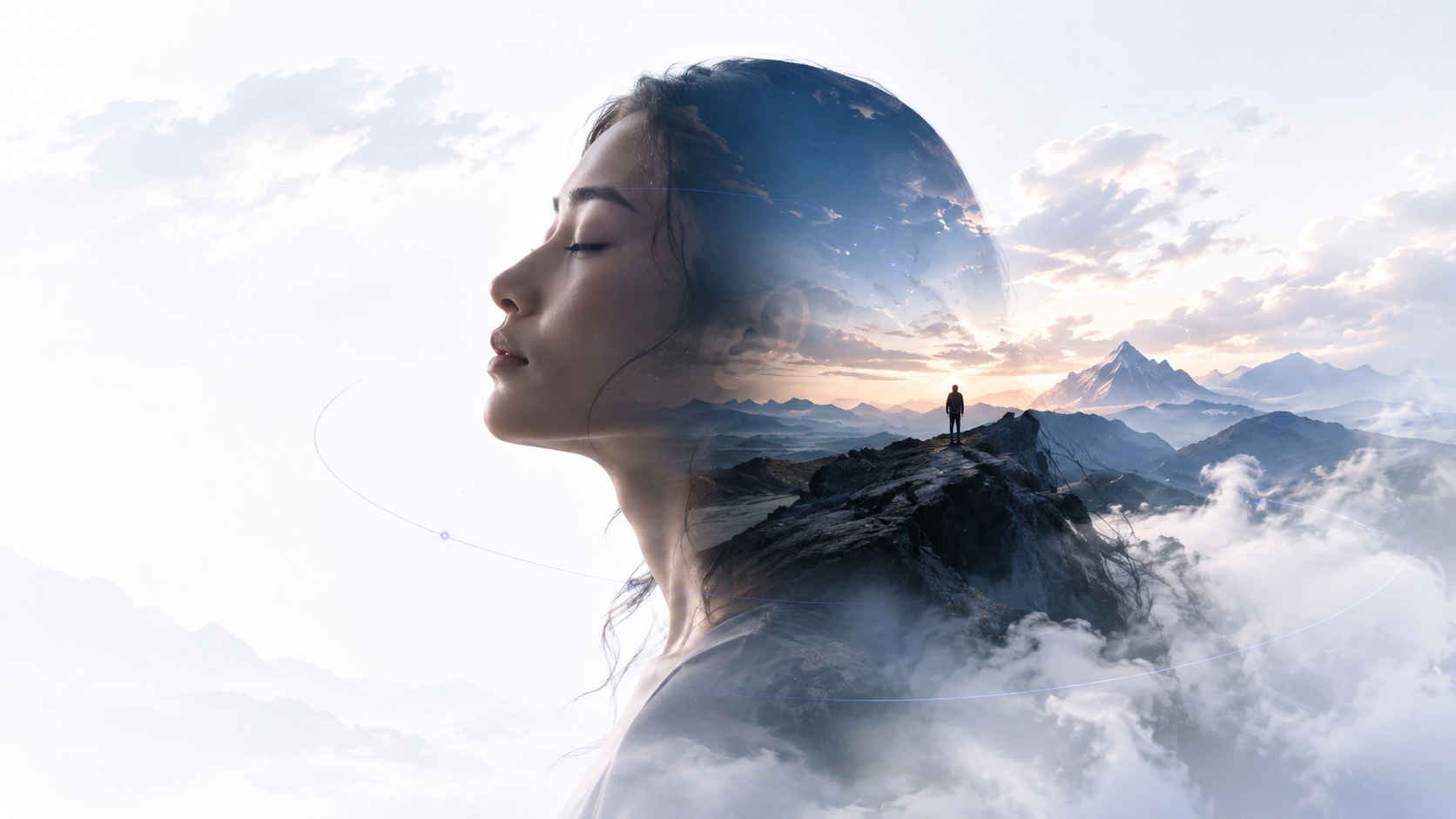 女性侧脸与山川云海叠影的AI创意视觉